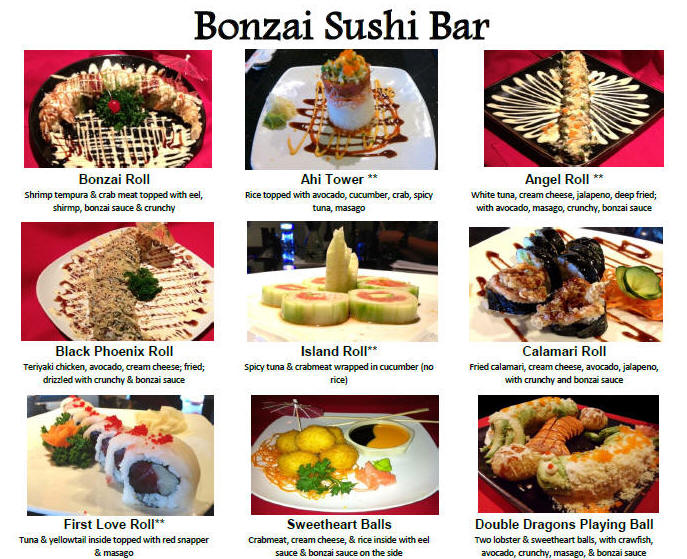 Bonzai Japanese Steak House, Inc., Menu